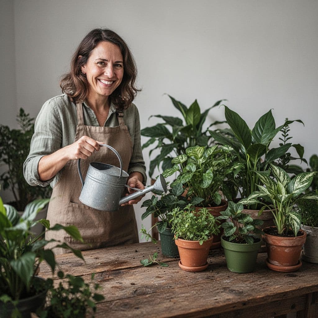 A person holds a small watering can beside various thriving houseplants on a rustic wooden table.