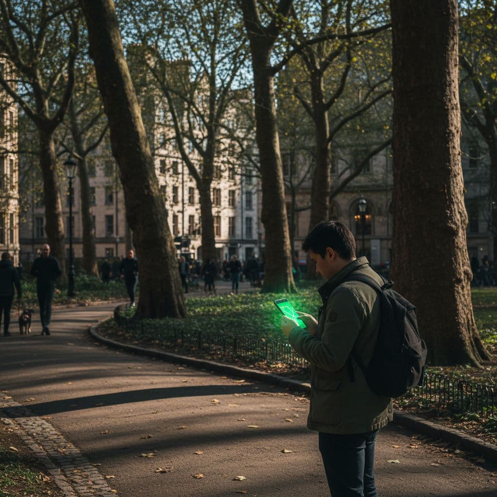 Person in city park views map on mobile phone amid trees and paved path.