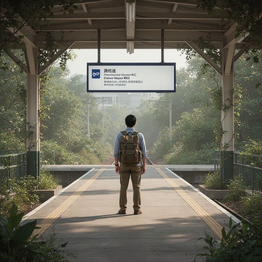 A person stands on a train platform contemplating departure times for a sustainable journey.