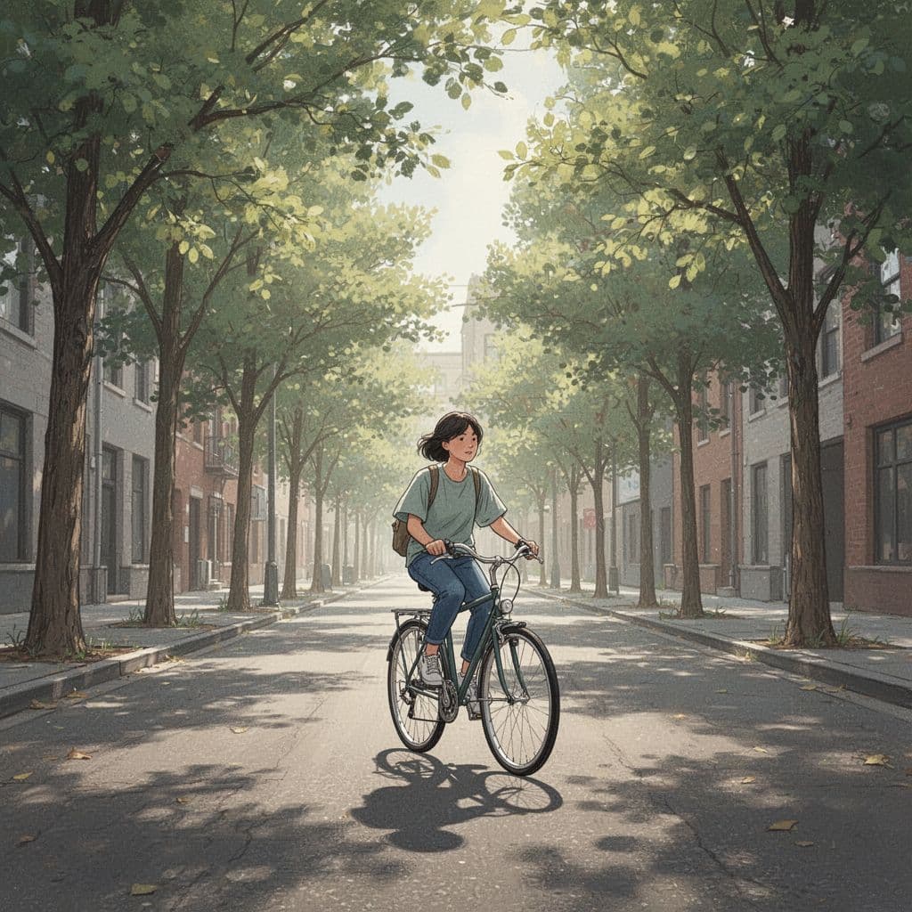 A person cycles through a quiet, tree-lined city street in a soft, natural colour palette.