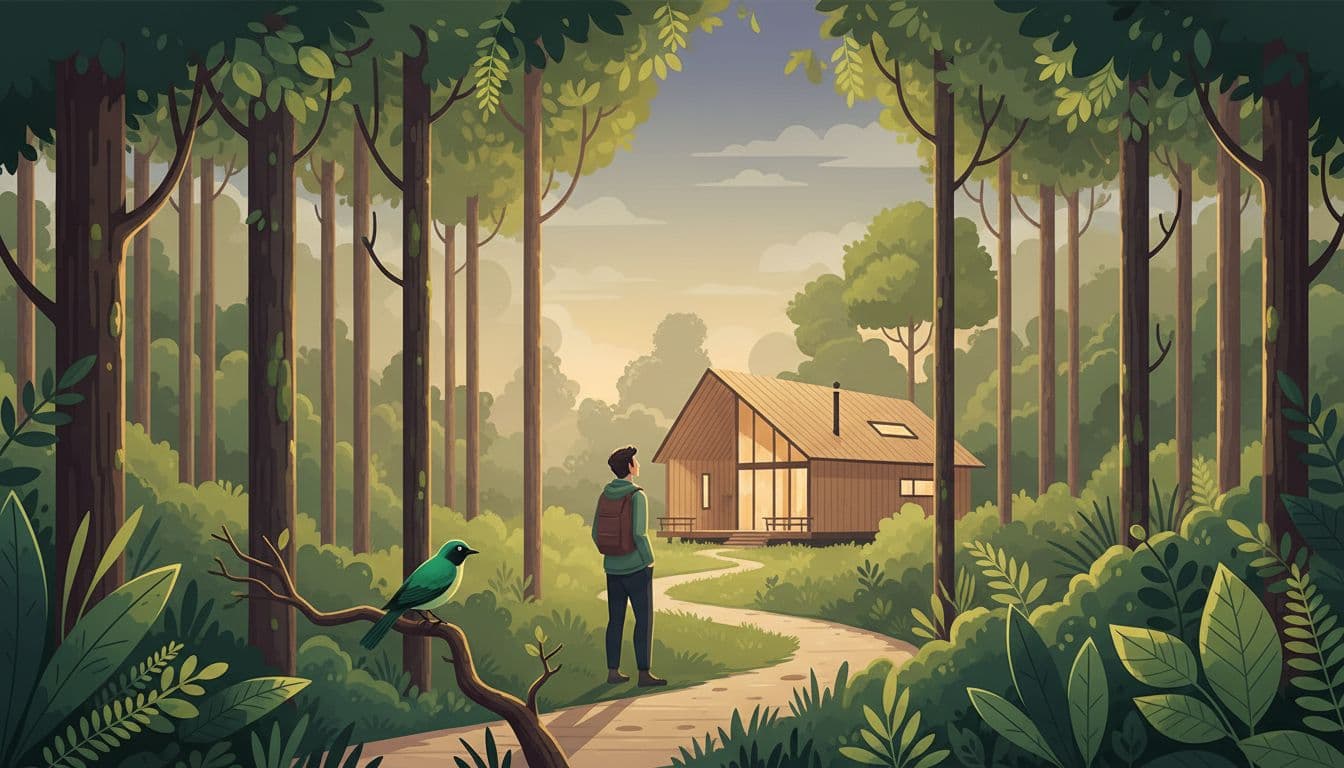 One person stands on forest trail near wooden eco-lodge at dusk, small bird on nearby branch amid lush green foliage.