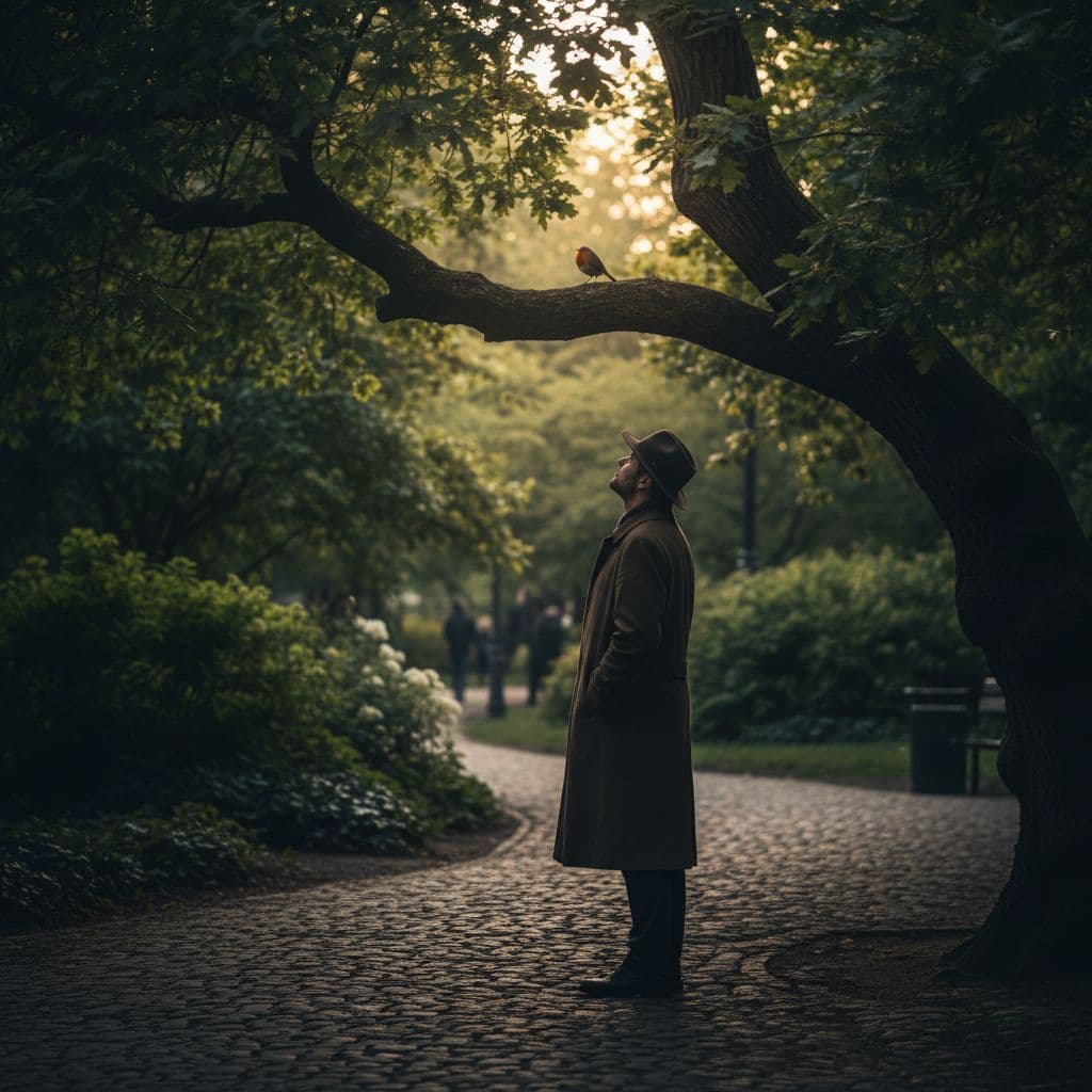 Person stands on paved path in city park observing bird on tree with lush green background.