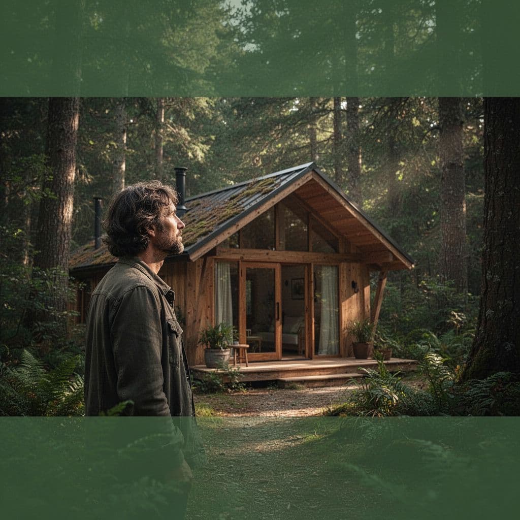 A person stands thoughtfully before a rustic wooden cabin nestled in a natural forest landscape.