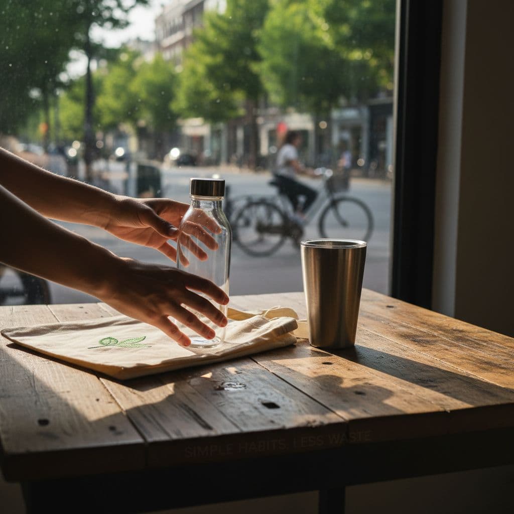 A person places reusable glass bottle, cloth tote bag, and travel coffee cup on wooden table.