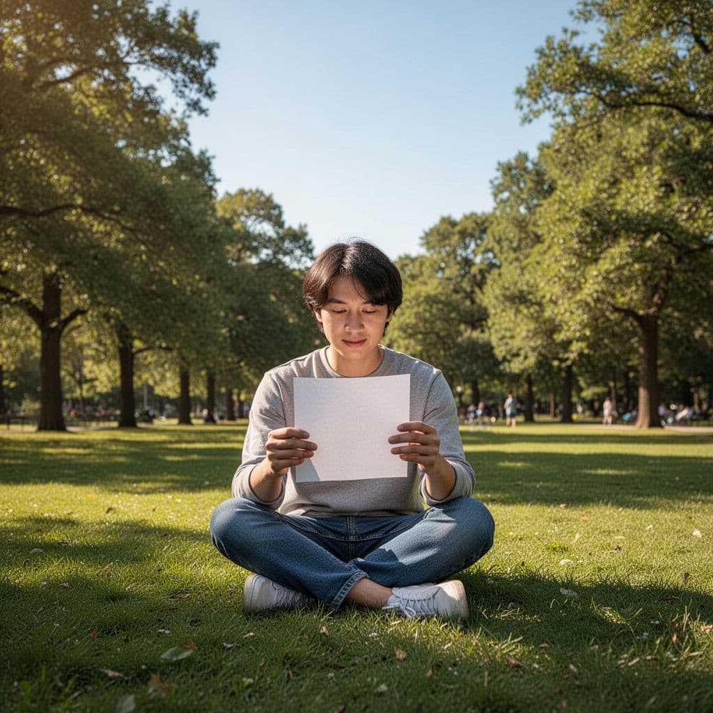 A person sits on a park bench reading a document in a sunny, minimalist outdoor setting.