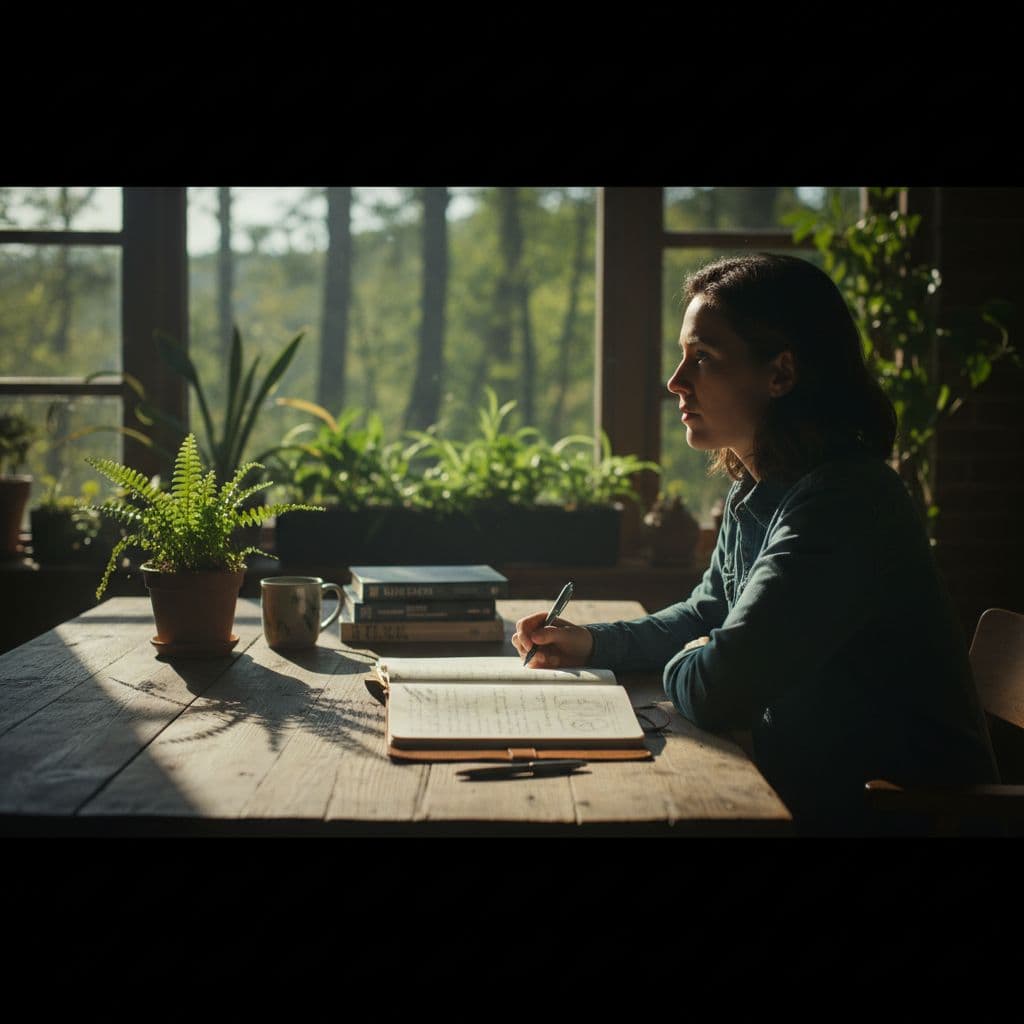 A person sits at a desk with a notebook, gazing thoughtfully.