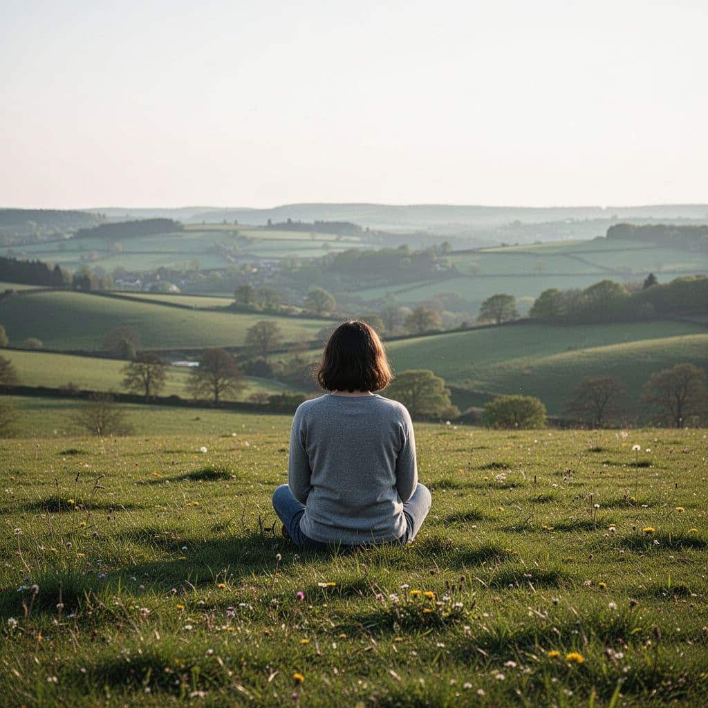 A person sits calmly in a lush green meadow overlooking rolling hills in the countryside.