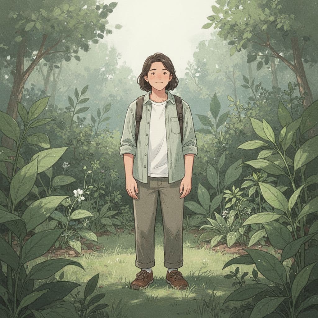 A person stands in a lush garden while reviewing a checklist with marked items.