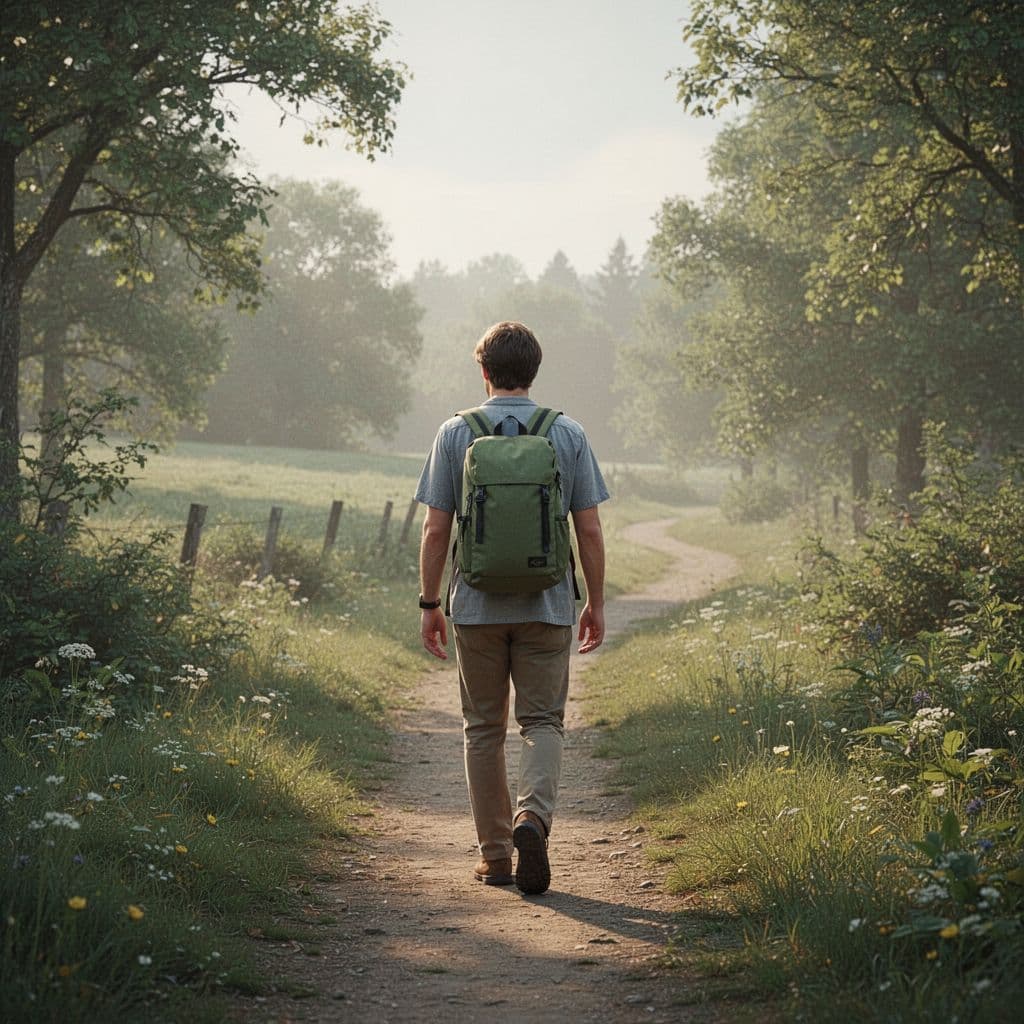 A person with a lightweight backpack walks along a peaceful countryside path during the morning.