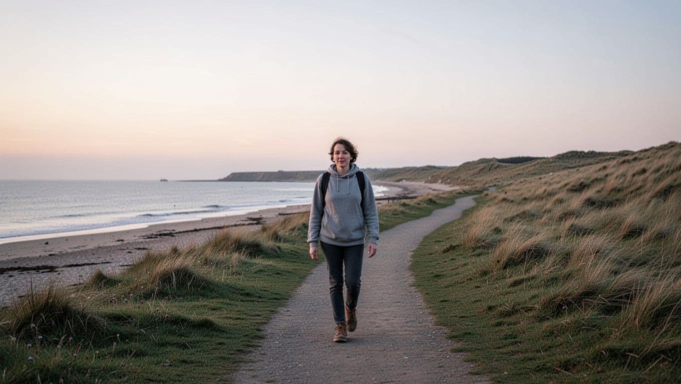 A person walks along a quiet UK coastal path during a calm, soft-lit dusk.