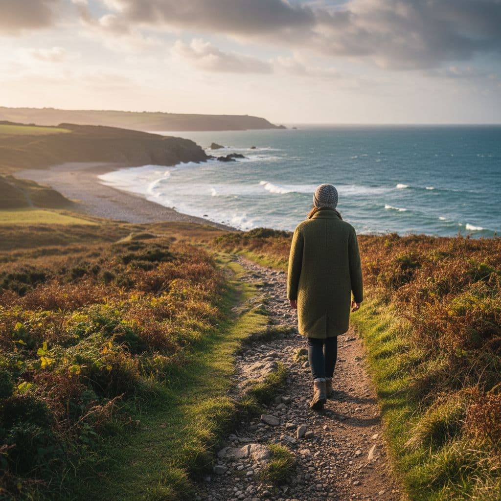 A person in a warm coat walks alone along a rugged green and golden coastal cliff path.