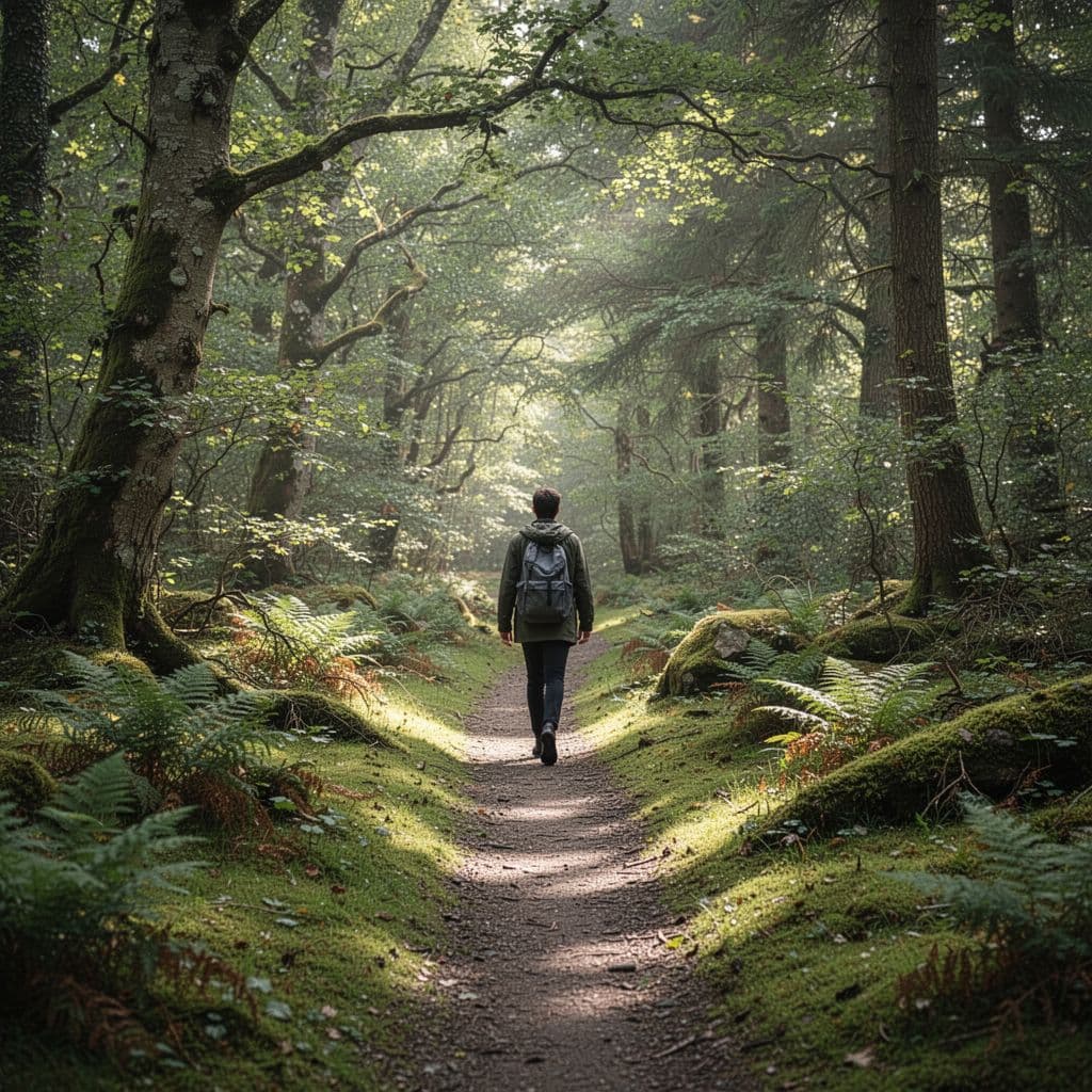 A person walks along a moss-covered forest path under a gentle canopy of green leaves.