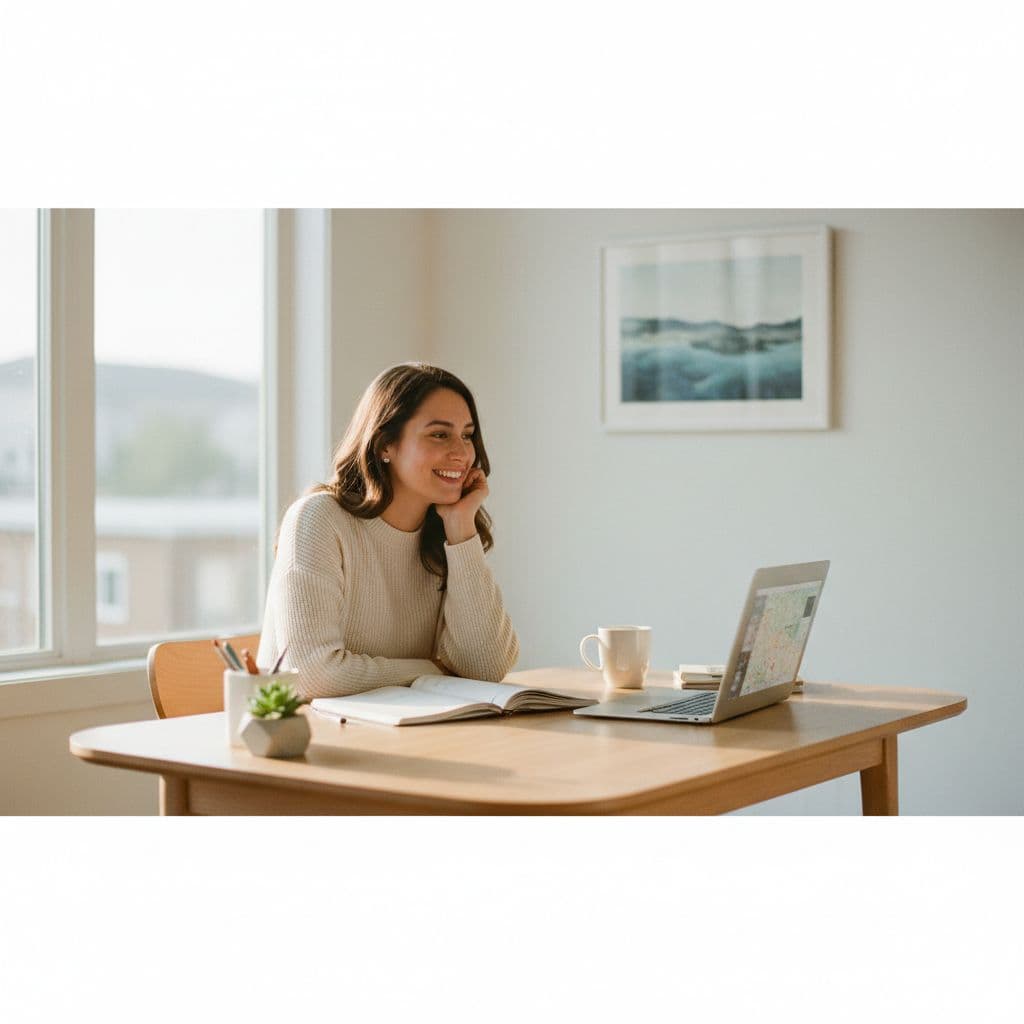 A person sits at a tidy desk with a laptop and notebook, lit by soft window sunlight.
