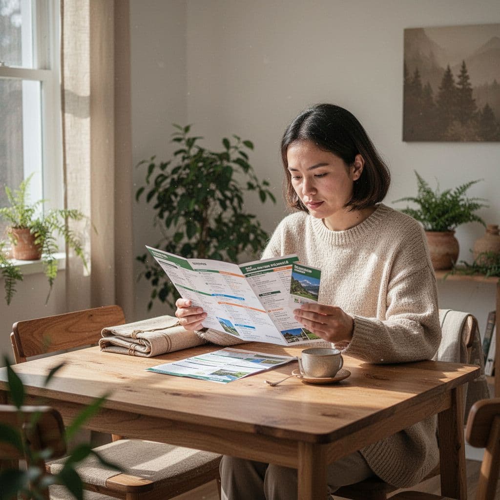 A person reviews a travel itinerary on a wooden table surrounded by subtle natural elements.