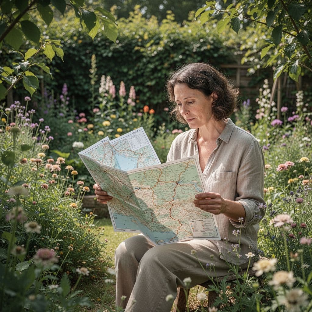 A person reviews a travel itinerary while sitting in a serene, sunlit garden.