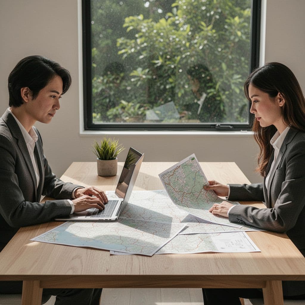 A person collaborates with a travel expert at a desk to plan an itinerary using maps and technology.