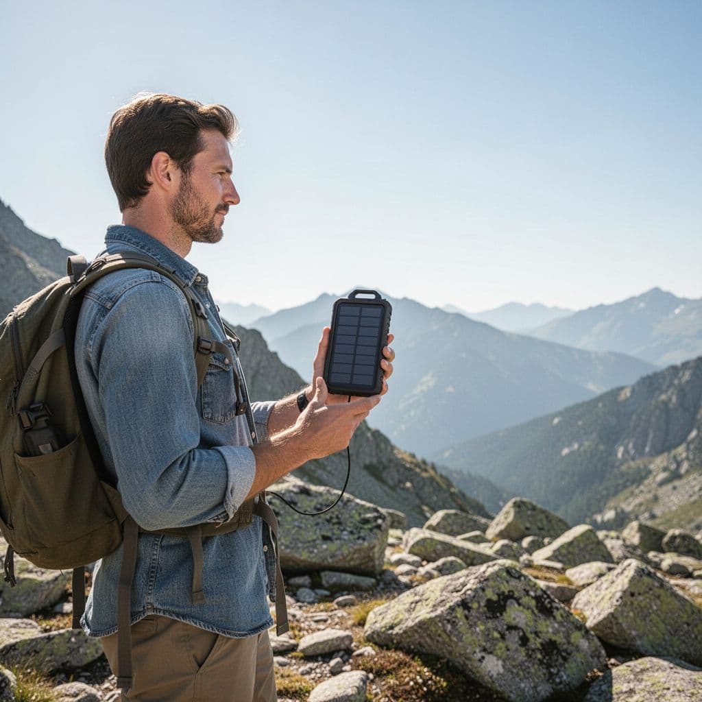 A person holds a compact portable solar charger in a sunny mountain landscape.