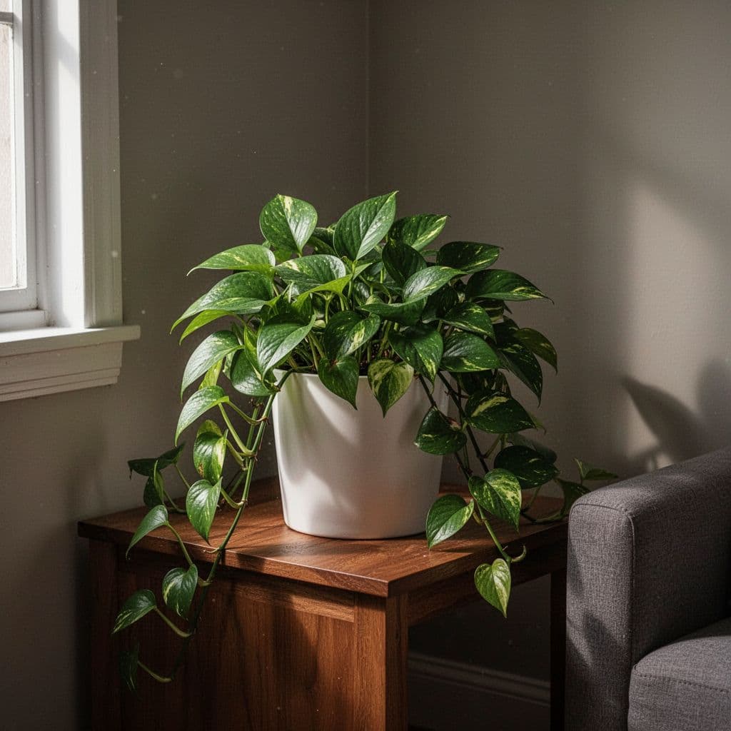 A lush green pothos plant sits in a ceramic pot on a wooden table in a dimly lit room.