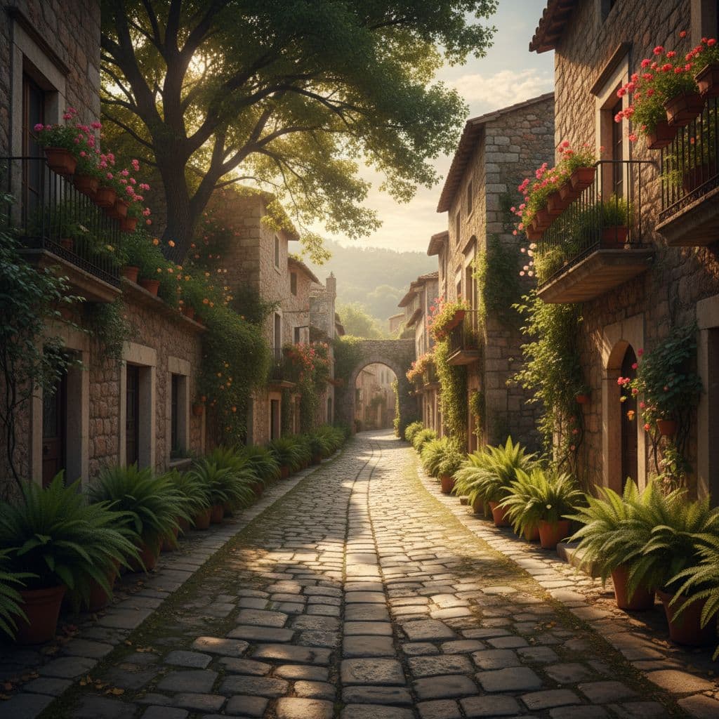 Quiet historic street with ancient stone architecture and lush green plants in soft morning light.