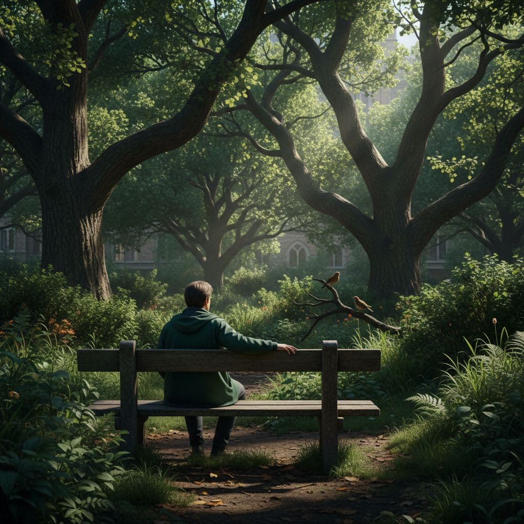 A person sits on a wooden bench in a lush city park, observing trees and birds.