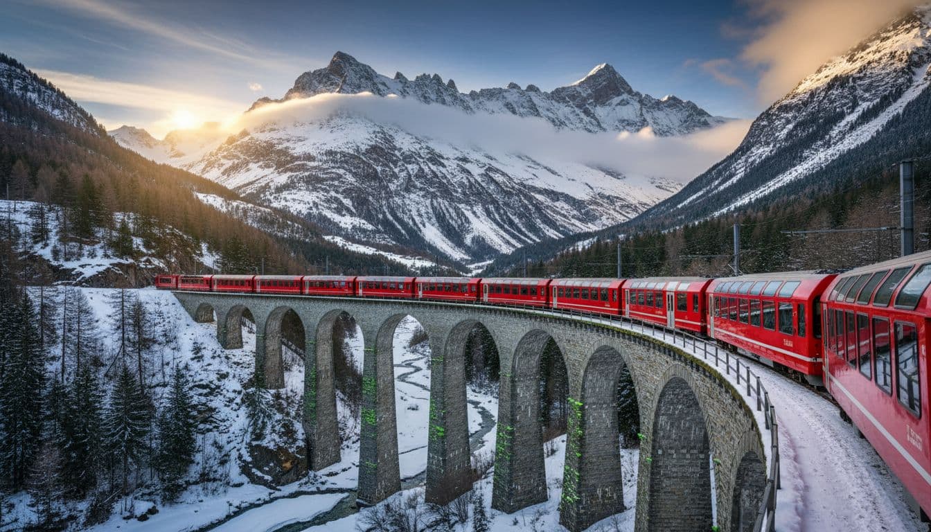 A red train travels across a high stone viaduct nestled within snow-capped Swiss mountain peaks.