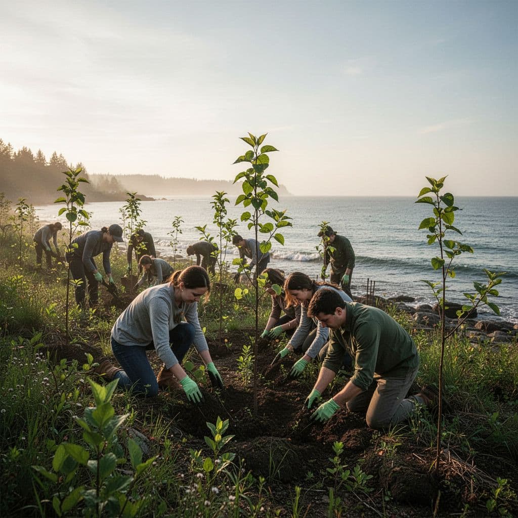 A group of people plants native saplings in a lush, green coastal landscape during a calm morning.