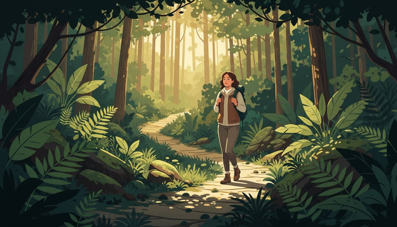 Mid-30s traveler with backpack walks relaxed along green forest path, sunlight filtering through leaves and ferns.
