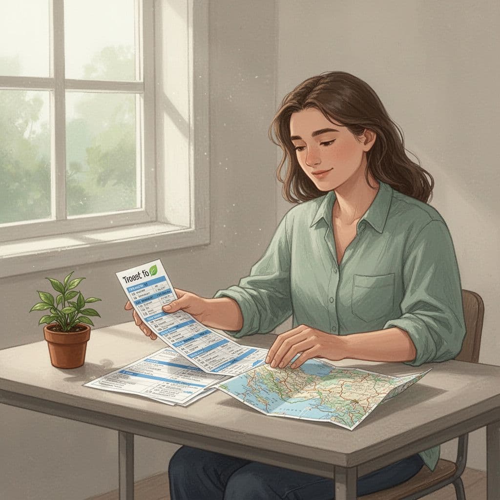 A person sits in a sunlit room reviewing a map and travel documents at a desk.