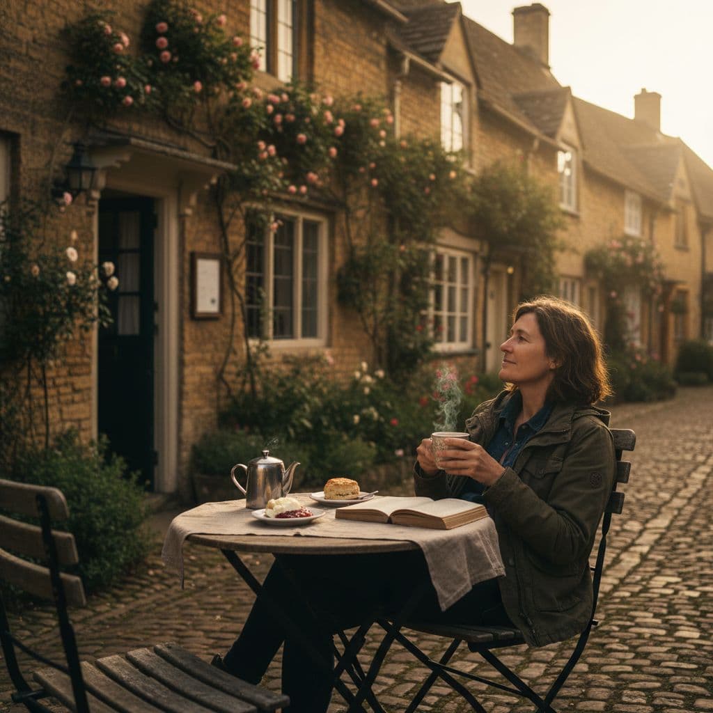 A person enjoys a quiet coffee at an outdoor table in a historic stone village.