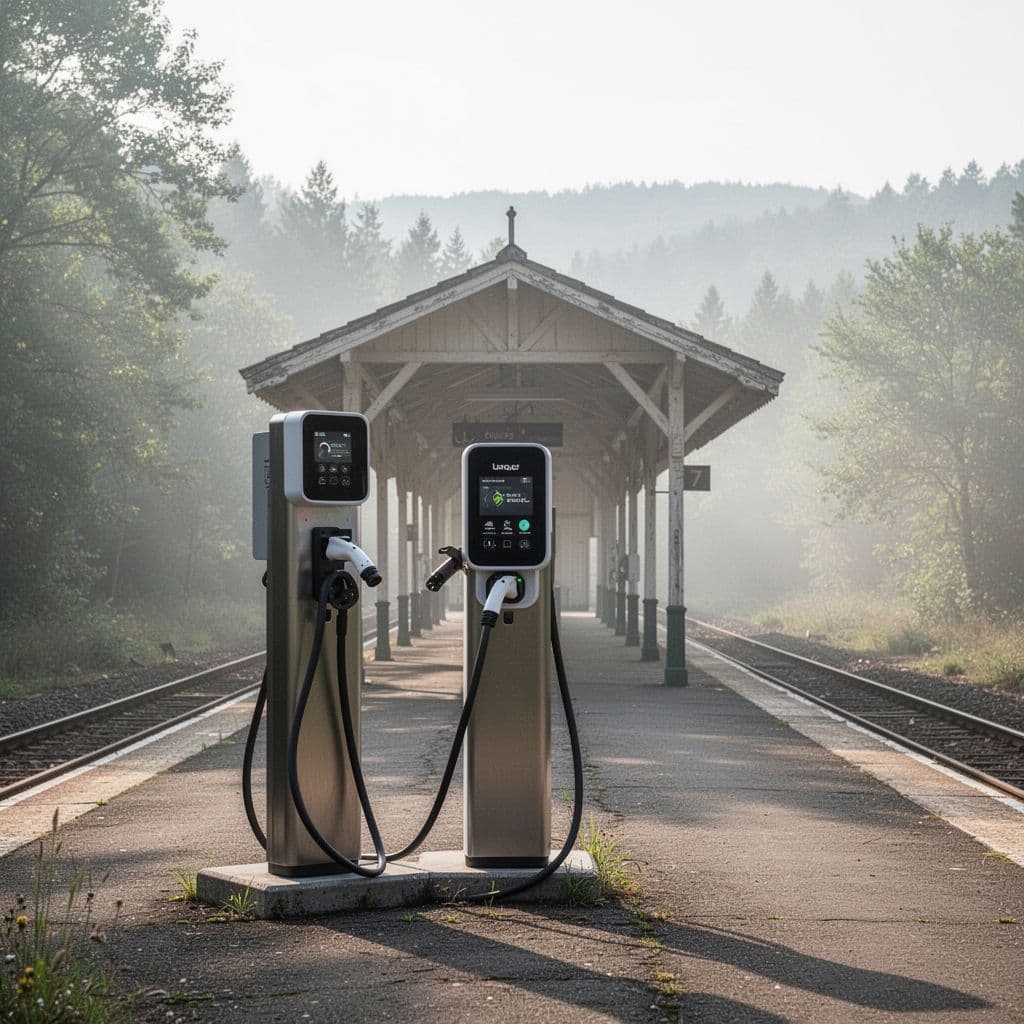 An electric vehicle charging station stands at a quiet, isolated train platform surrounded by natural scenery.