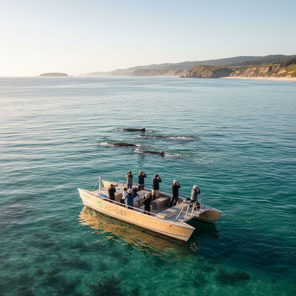 A small boat drifts on calm coastal waters as people watch marine life from a safe distance.