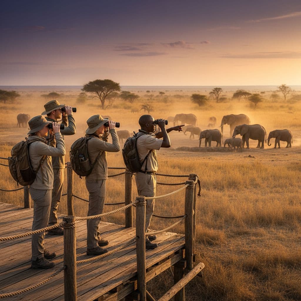 A guide and travellers use binoculars to watch a wild elephant herd in the savannah.