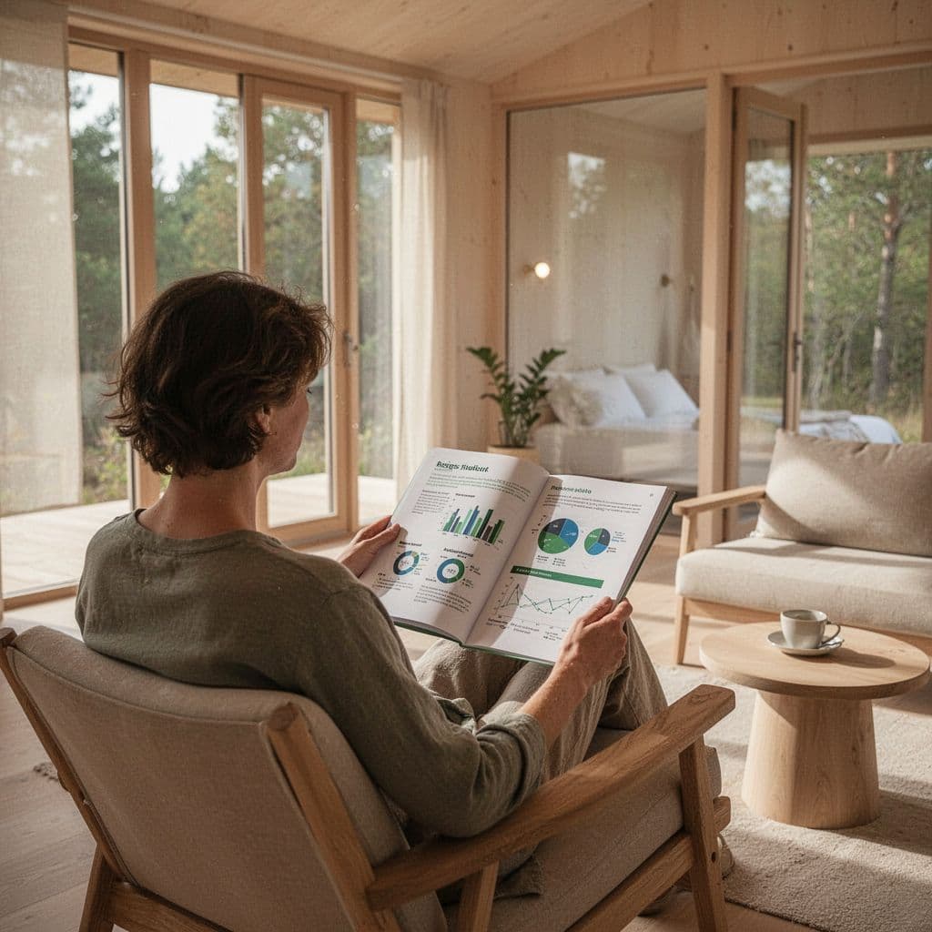 A person reviews a sustainability report inside a bright, modern minimalist eco-friendly room.