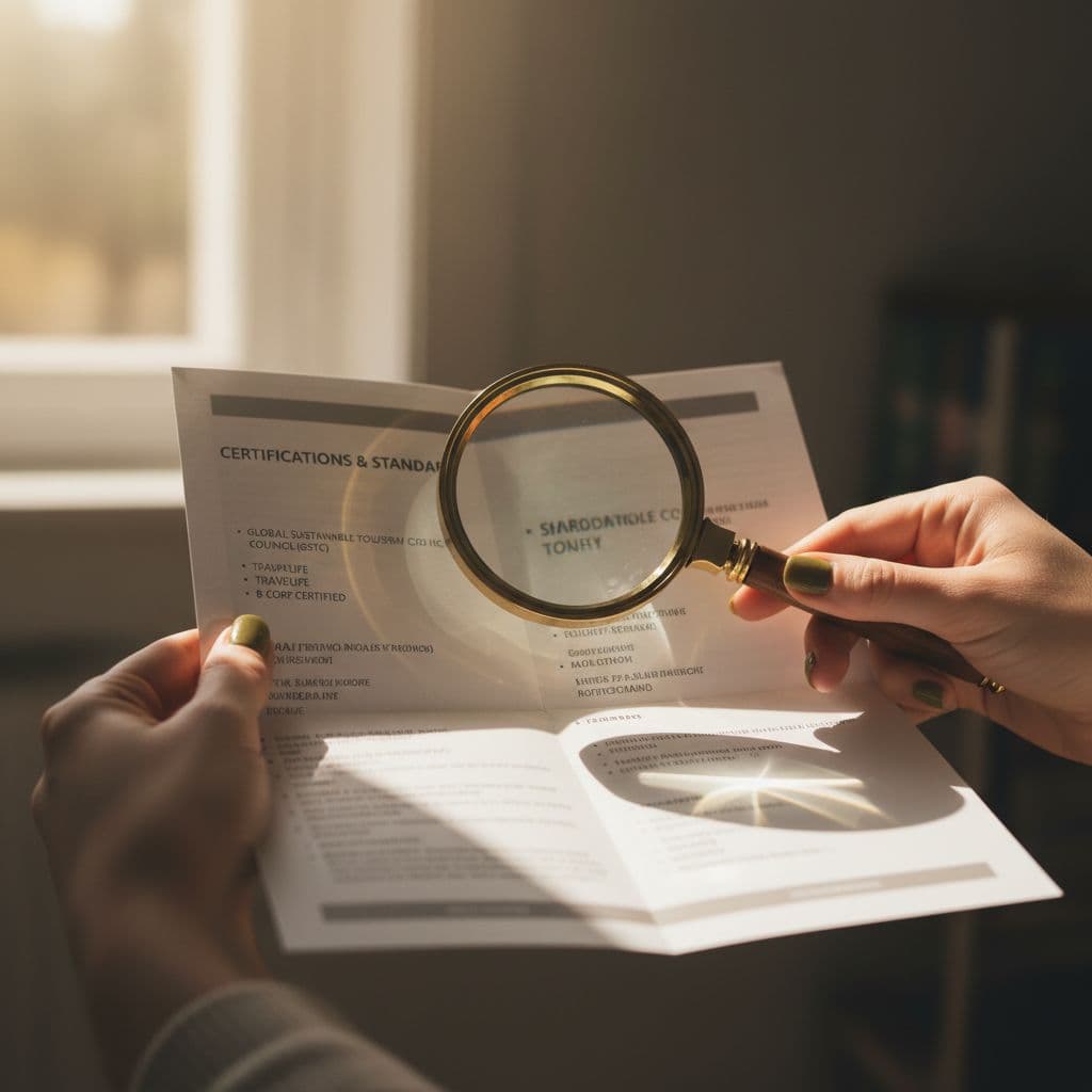 A person examines a travel itinerary with a magnifying glass under soft natural sunlight.