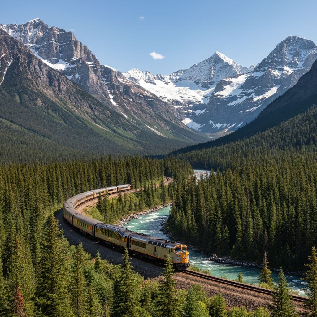 A luxury train traverses a mountain track flanked by snow-capped peaks and dense pine forests.