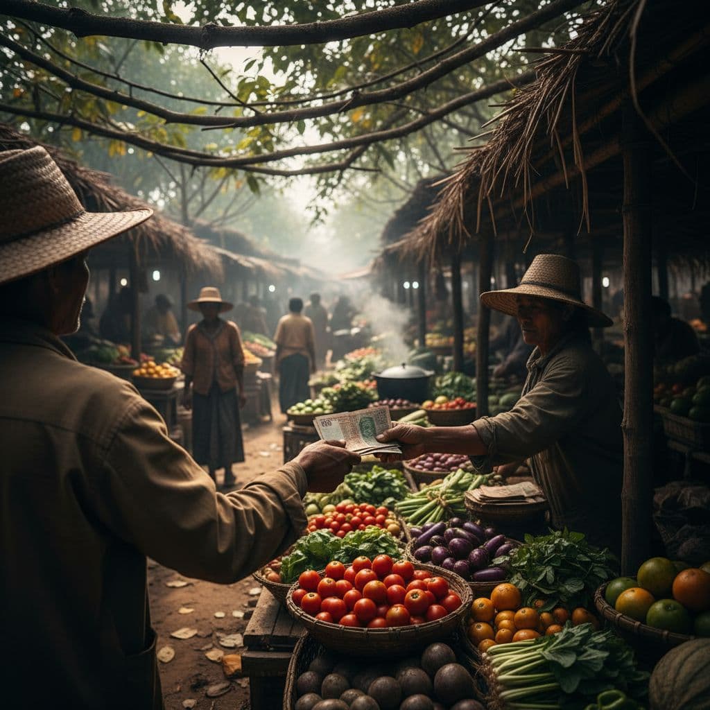 Person hands paper currency to stall owner at wooden stall with fresh produce in rural market.