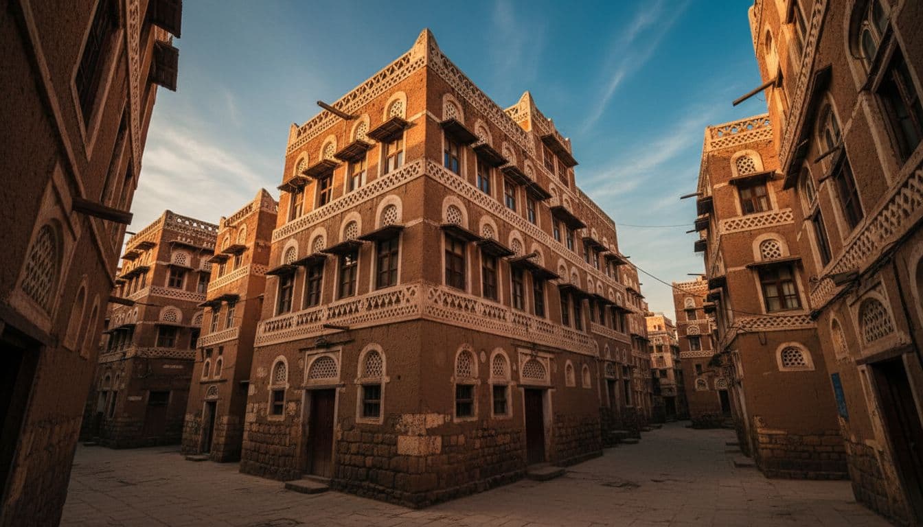 Narrow streets of ancient mud-brick buildings in Sana'a under warm golden hour light.