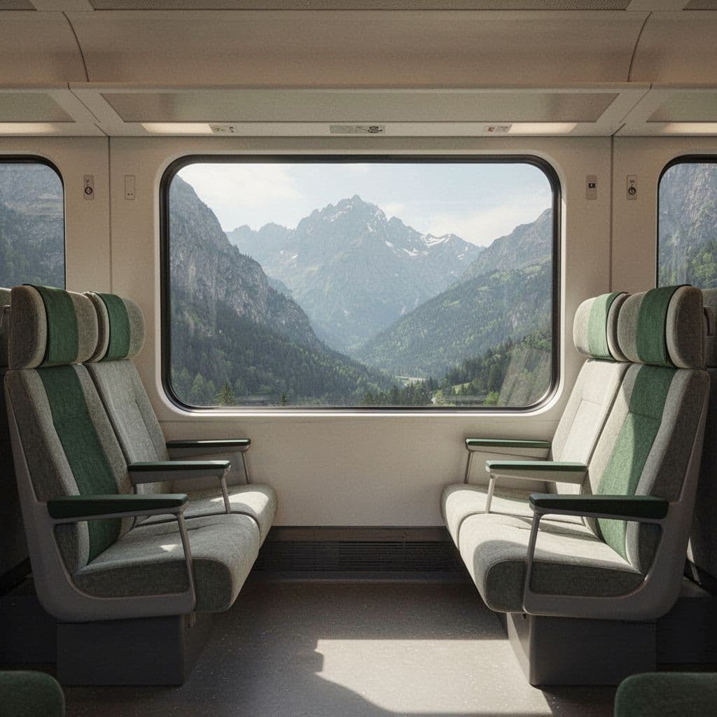 A bright, comfortable train interior features elegant seating and large windows overlooking a scenic mountain landscape.