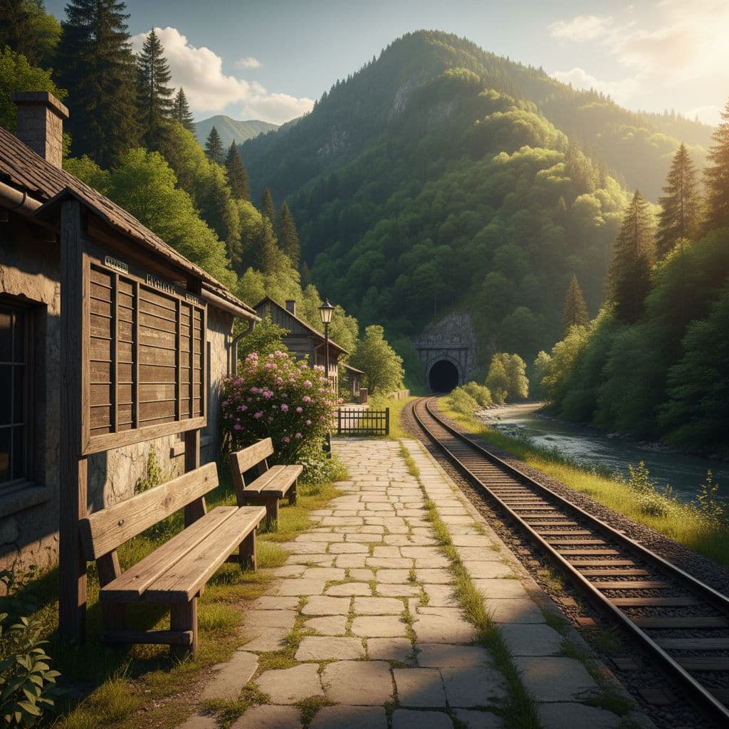 An empty train station platform overlooks a lush green valley and mountain range.