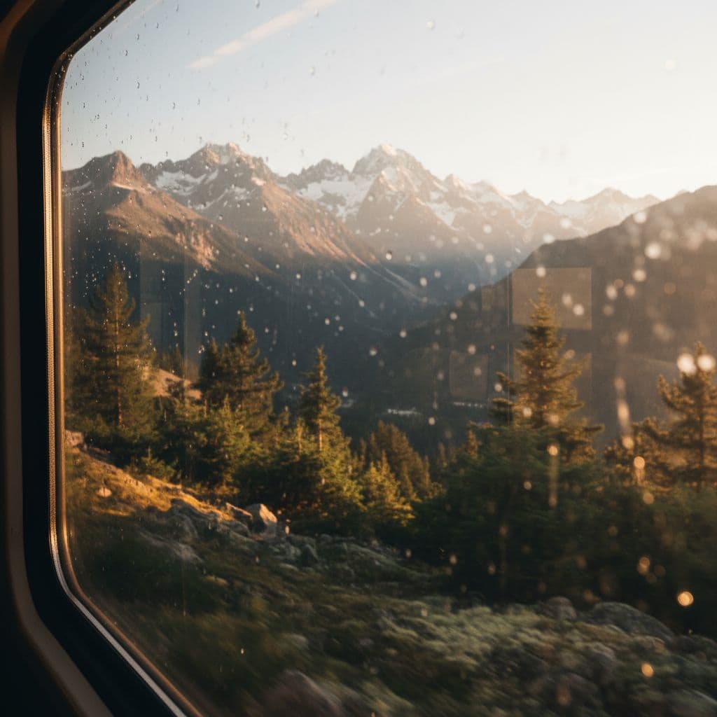 A view through a train window revealing sunlit, jagged mountain peaks and lush green valleys.
