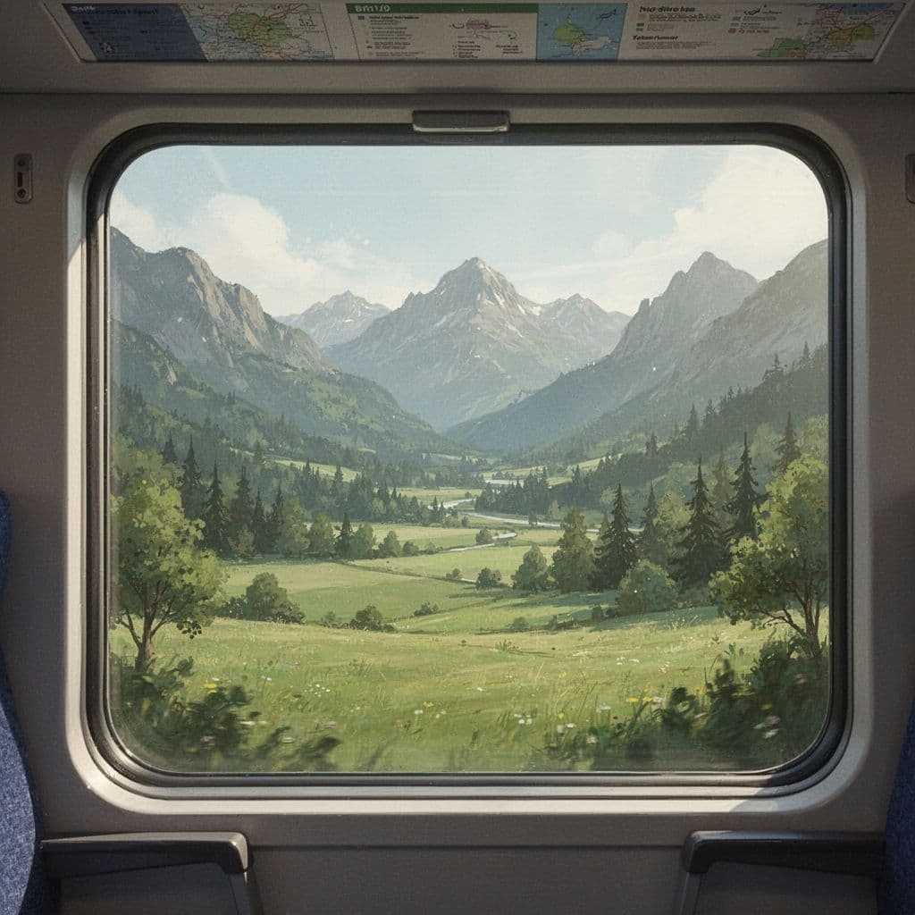 A view through a train window looking out over a lush green valley toward distant mountains.