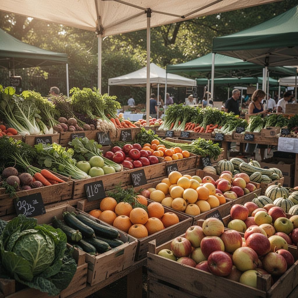 A collection of fresh, vibrant vegetables arranged in a clean, sunlit farmers market setting.