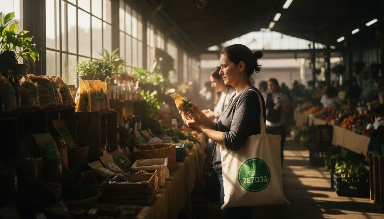 A person picks eco-friendly certified items from a market stall under dramatic lighting.