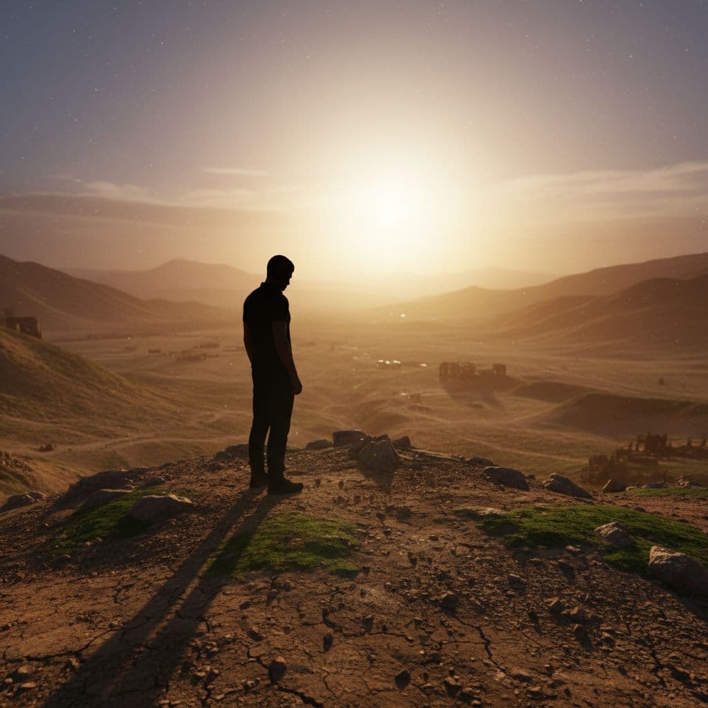 Silhouetted person stands on dusty hillside overlooking fading valley at sunset.
