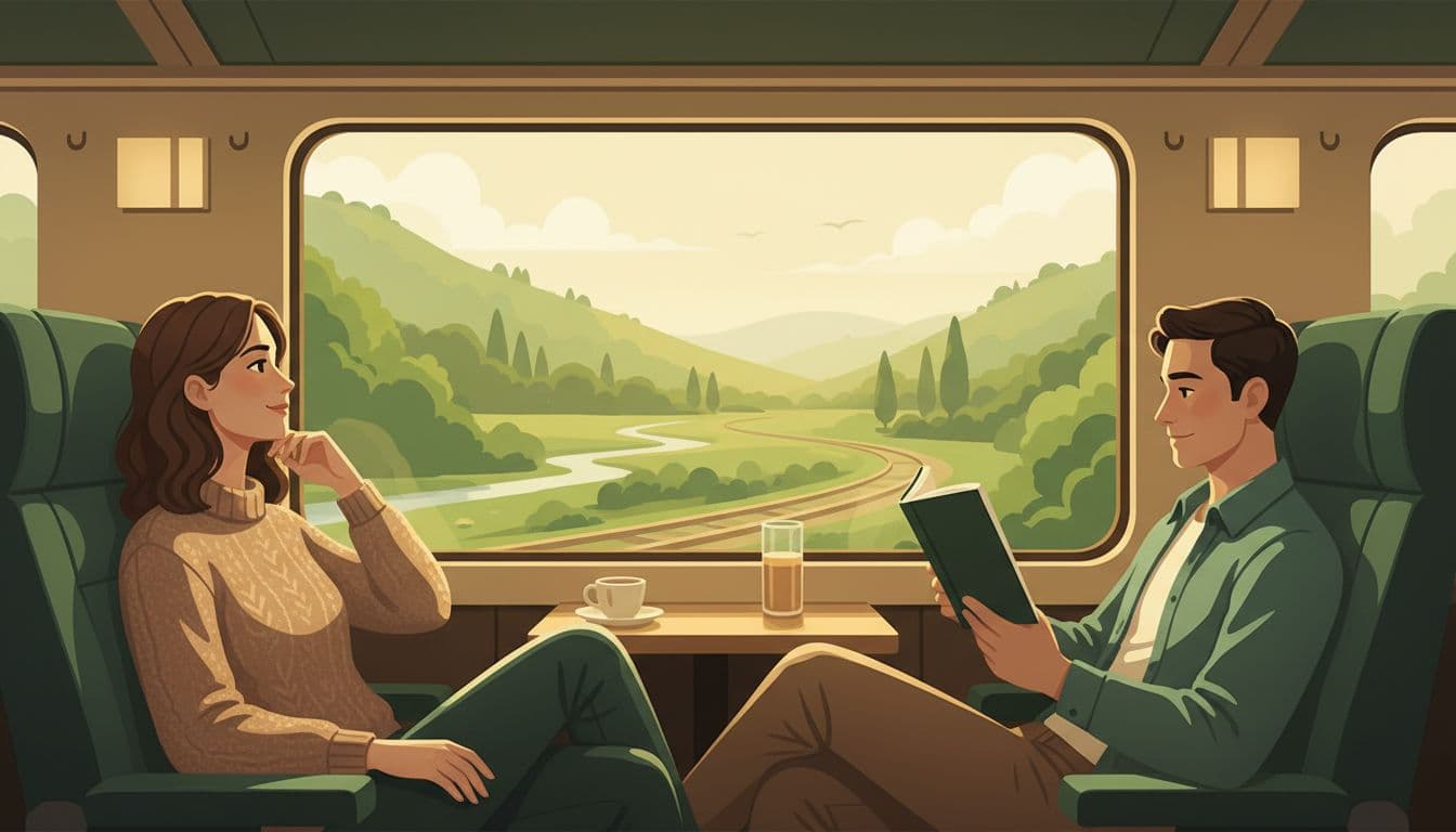 Two adults in train carriage: one gazes out window at lush green hills, one reads book in warm light.