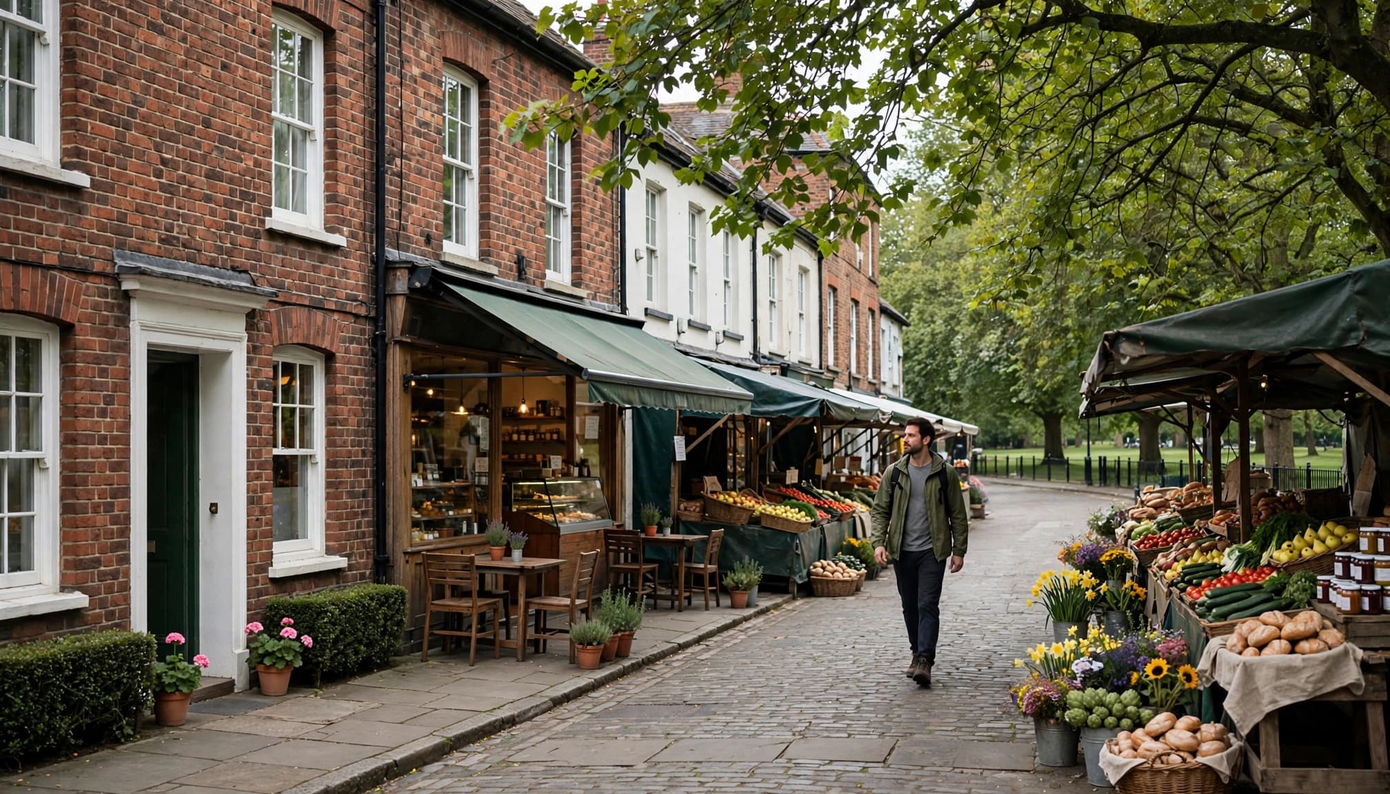 A traveller with a backpack walks past a cafe and market stalls on a leafy town street.