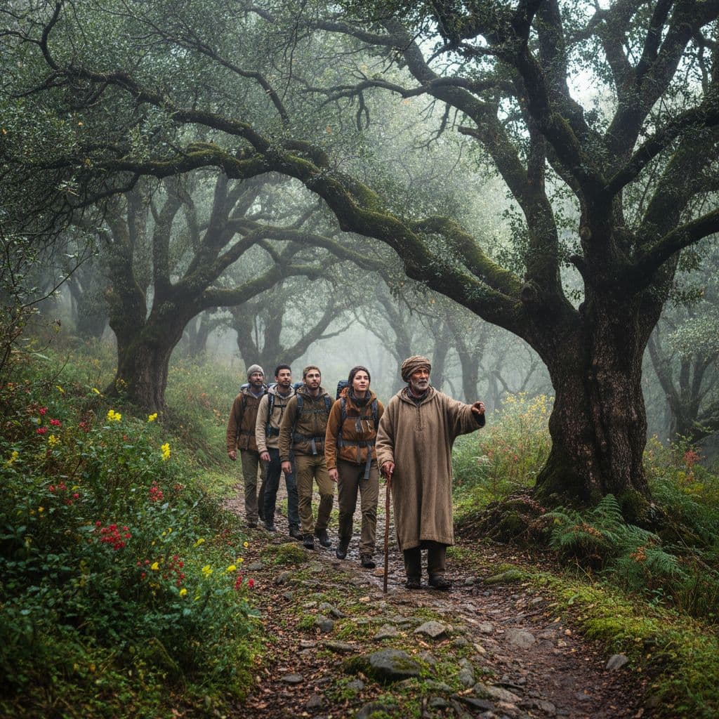 A small group of travelers and a local guide walk along a narrow forest path.