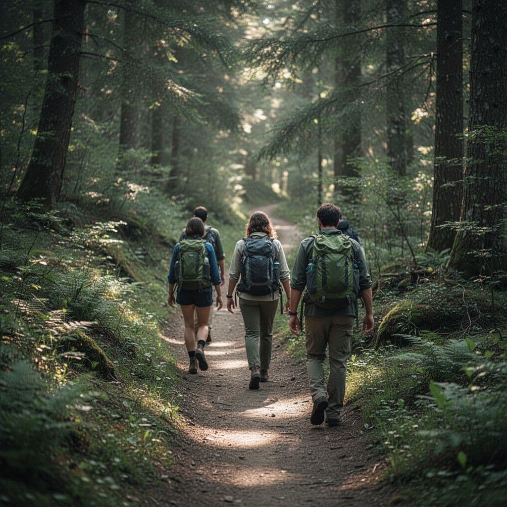 A small group of four hikers walks slowly along a narrow, winding path through a lush green forest.