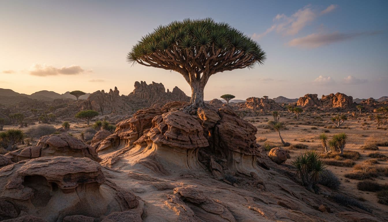 Dragon Blood tree amid unique rock formations on Socotra island in morning light.