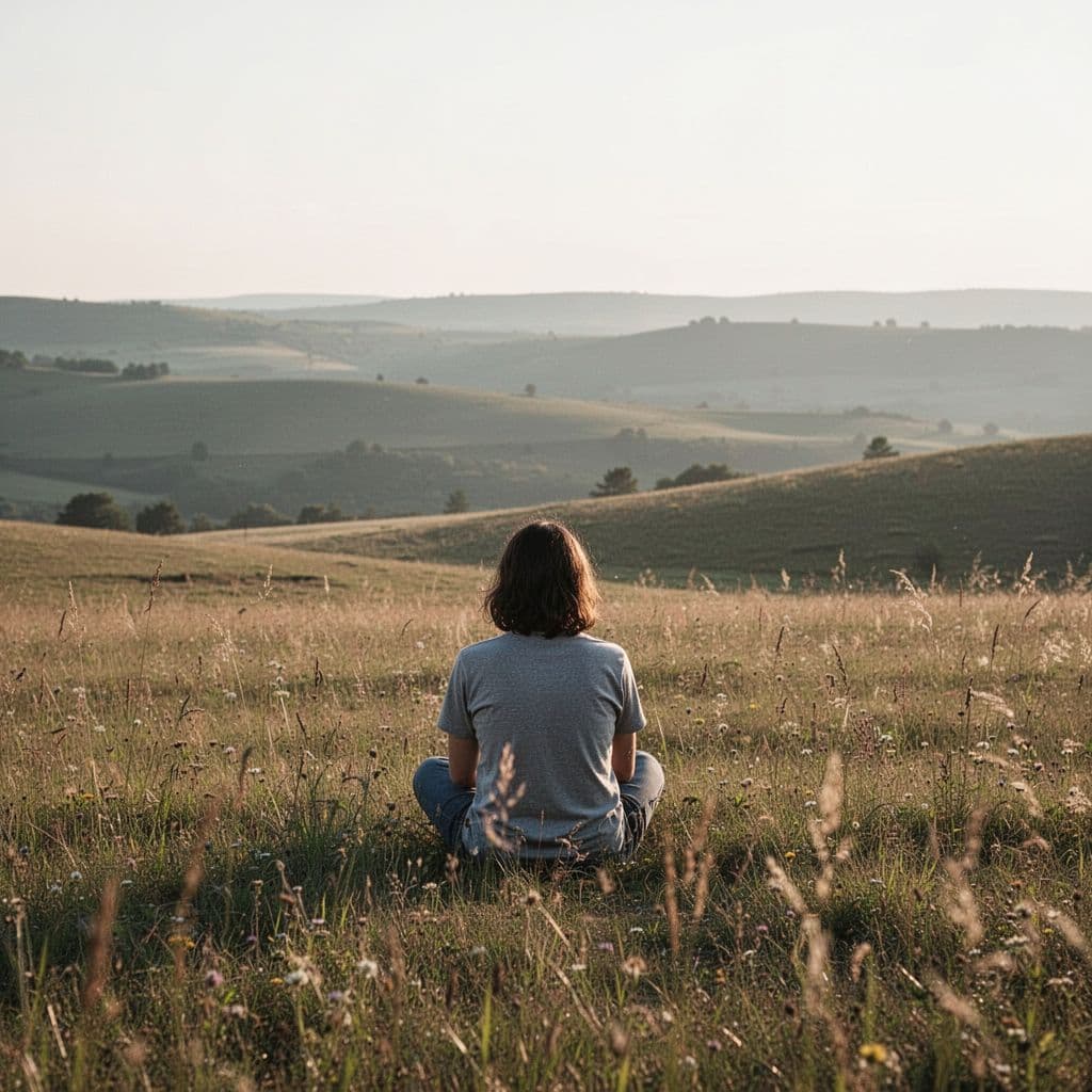 A lone person sits in a grassy meadow overlooking a quiet, expansive natural landscape.